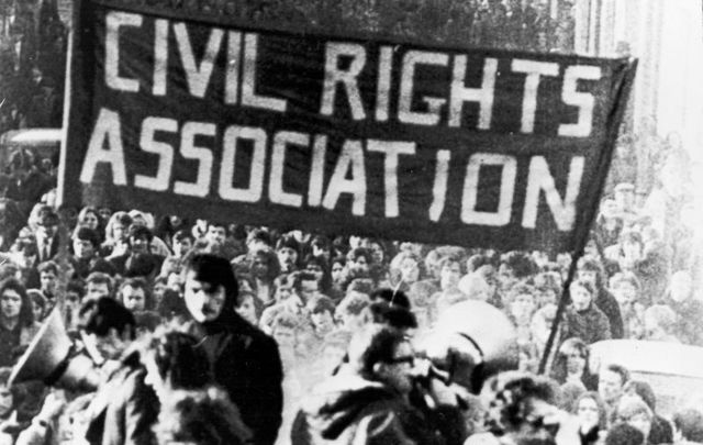 January 31, 1972: The Civil Rights Association lead a march in Derry, Northern Ireland, a day after \"Bloody Sunday,\" when British paratroopers opened fire on a civil rights march, killing 14 civilians. 