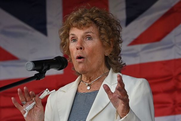June 18, 2021: Former Labour MP and government minister Baroness Kate Hoey addresses an anti-Northern Ireland Protocol protest rally in Newtownards, Northern Ireland.