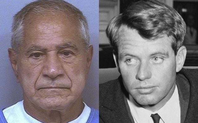 Right: Inmate photo of Sirhan Sirhan on August 25, 2021; Left: Robert F. Kennedy on January 24, 1964.