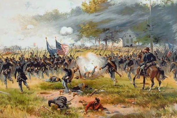 A painting of The Battle of Antietam, the US Civil War\'s deadliest one-day fight, by Thure de Thulstrup.