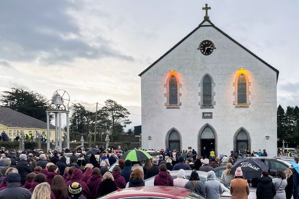 January 18, 2022: Crowds gather at St. Brigid\'s Church in Mountbolus, Co. Offaly for the funeral for Ashling Murphy.