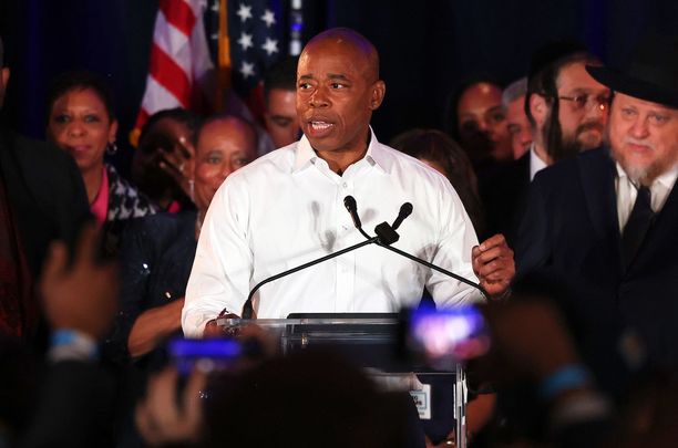 Nov 2, 2021: New York City Mayor-elect Eric Adams speaks during his election night party at the New York Marriott at the Brooklyn Bridge