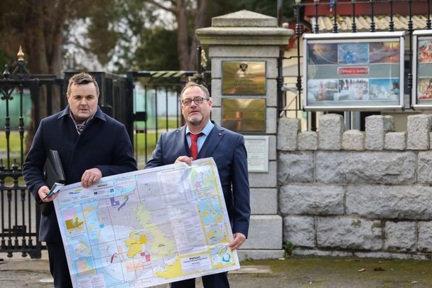 January 27, 2022: Brendan Byrne, CEO of the Irish Fish Processors and Exporters Association (IFPEA), and Patrick Murphy, CEO Irish South and West Fish Producers Organisation  (ISWFPO), outside the Russian Embassy, Dublin after their meeting with the Russian Ambassador to Ireland, H.E. Yuriy Filatov.