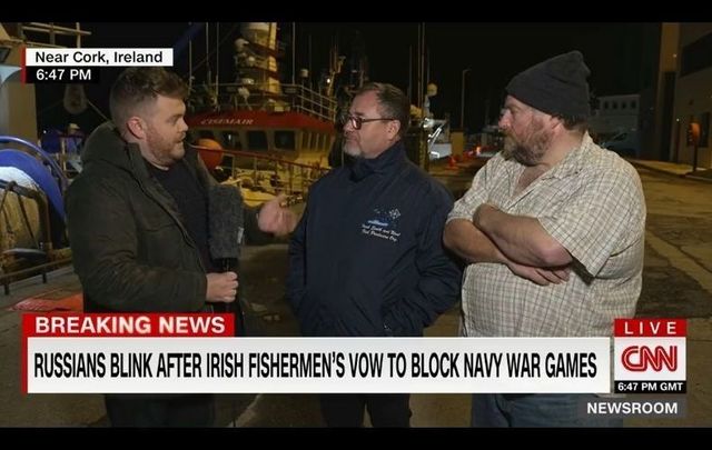 January 29, 2022: CNN correspondent and Irish man Donie O\'Sullivan speaks with Irish fishermen Patrick Murphy and Alan Carleton in Co Cork after Russia agreed to reroute its upcoming live-fire military exercises off the coast of Ireland.