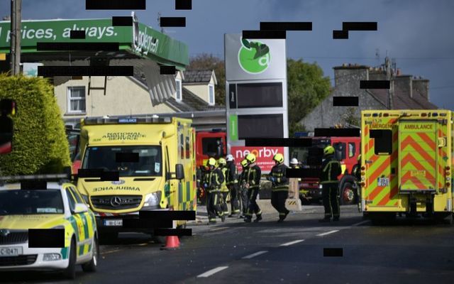 Emergency services attend the scene following an explosion at a petrol station in Donegal on October 8, 2022, in Creeslough, Donegal. 