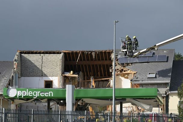 October 8, 2022: Emergency services attend the scene following an explosion that occurred on October 7, 2022 at a petrol station in Creeslough, Co Donegal. 