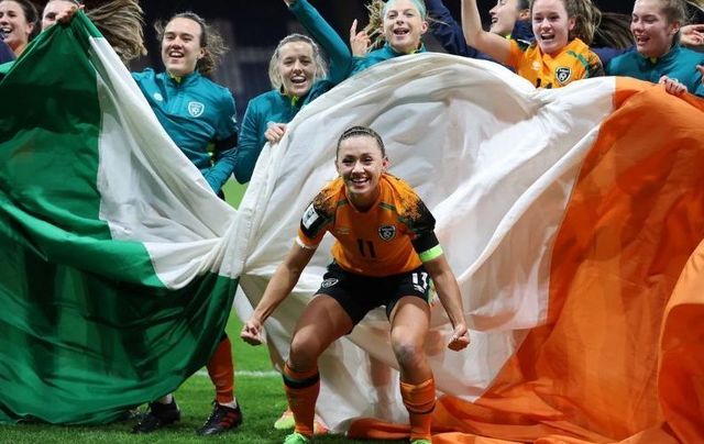 October 11, 2022: Katie McCabe of the Republic of Ireland celebrates with teammates after their side qualifies for the 2023 FIFA Women\'s World Cup after victory during the 2023 FIFA Women\'s World Cup play-off round 2 match between Scotland and Republic of Ireland at Hampden Park in Glasgow, Scotland