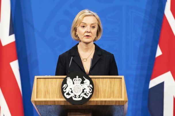 October 14, 2022: UK Prime Minister Liz Truss answers questions at a press conference in 10 Downing Street after sacking her former Chancellor, Kwasi Kwarteng in London, England. After just five weeks in the job, Prime Minister Liz Truss has sacked Chancellor of The Exchequer Kwasi Kwarteng after he delivered a mini-budget that plunged the UK economy into crisis. 