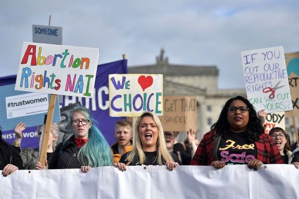 October 21, 2019: Members of pro-choice group Alliance for Choice make their way to Stormont in Belfast, Northern Ireland. Legislation brought in by MPs at Westminster in the absence of the Northern Ireland power-sharing executive meant that abortion will be decriminalised in the province unless the executive reconvened by the 21st of October.
