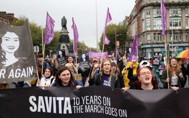 People demonstrate to mark the 10th anniversary of the death of Savita Halappanavar and to campaign for more Abortion Rights.