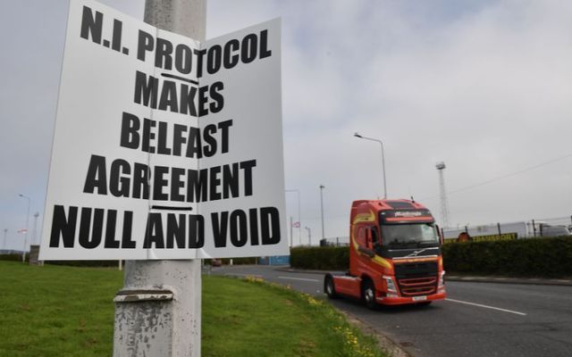 Loyalist anti-Irish sea border posters at the entrance to Larne harbor on September 7, 2021 in Larne, County Antrim. 
