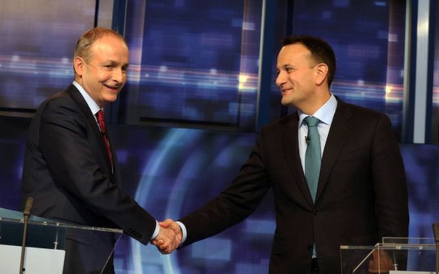 February 4, 2020:  Fianna Fáil leader Micheal Martin and Fine Gael leader Leo Varadkar during the final TV leaders\' debate at the RTE studios in Donnybrook, Dublin.