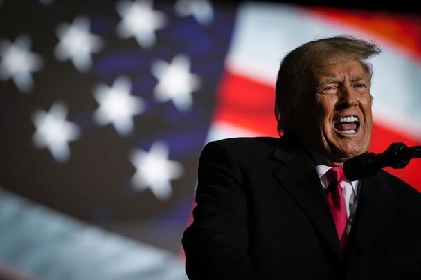 November 7, 2022: Former U.S. President Donald Trump speaks during a rally at the Dayton International Airport in Vandalia, Ohio while campaigning for Republican candidates, including U.S. Senate candidate JD Vance, for the 2022 general election.