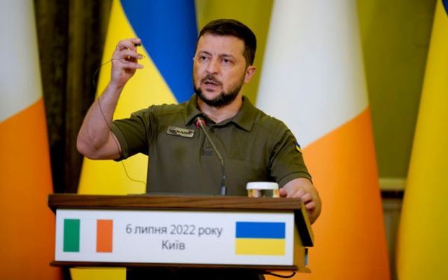 July 6, 2022: Ukrainian President Volodymyr Zelenskyy during a joint press conference with Taoiseach Micheal Martin at the Ukrainian Government Building in Kyiv, Ukraine.