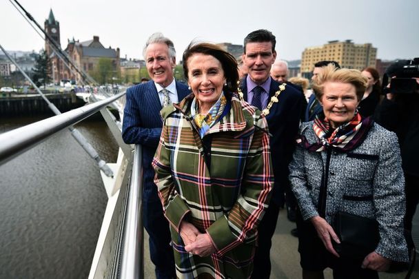 April 18, 2019: US House of Representatives Speaker Nancy Pelosi (C) poses for a photograph on the Peace Bridge in Derry alongside US Congressman Richard Neal (L), Derry City Mayor John Boyle (2nd R), and Pat Hume (R) wife of John Hume in Derry, Northern Ireland.