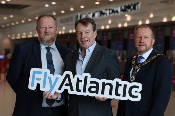 Launching Fly Atlantic, Graham Keddie, Managing Director of Belfast International Airport; Fly Atlantic’s CEO Andrew Pyne, and Mayor of Antrim and Newtownabbey, Stephen Ross