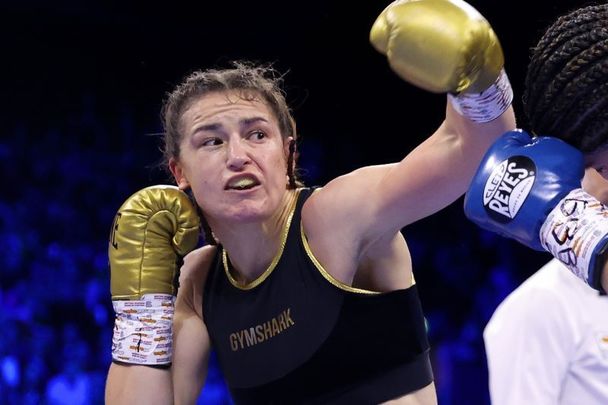 October 29, 2022: Katie Taylor punches Karen Elizabeth Carabajal during the IBF, WBA, WBC, and WBO Undisputed Lightweight World Title fight between Katie Taylor and Karen Elizabeth Carabajal at OVO Arena Wembley in London, England