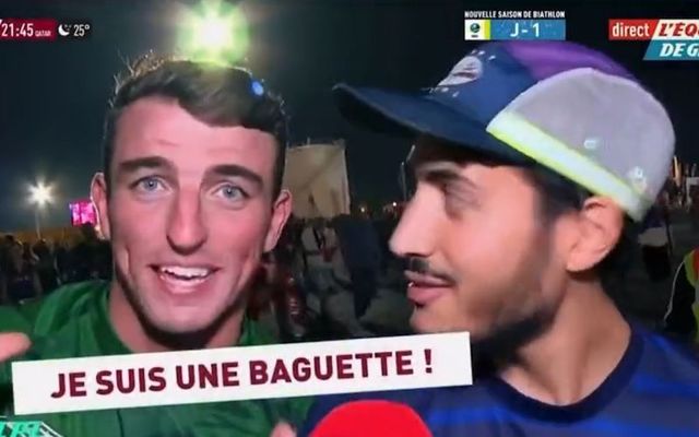 Irish man Eddie O\'Keeffe proclaims \"Je suis une baguette!\" during a live French interview at the World Cup in Qatar.