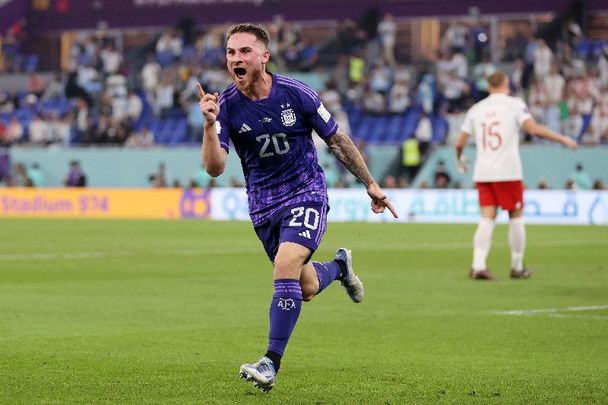 November 30, 2022: Alexis Mac Allister of Argentina celebrates after scoring their team’s first goal during the FIFA World Cup Qatar 2022 Group C match between Poland and Argentina at Stadium 974 in Doha, Qatar.