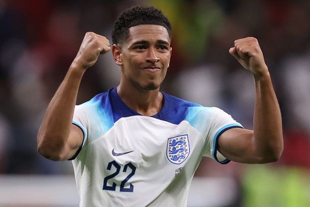 December 4, 2022: Jude Bellingham of England celebrates after the team\'s victory during the FIFA World Cup Qatar 2022 Round of 16 match between England and Senegal at Al Bayt Stadium in Al Khor, Qatar. 