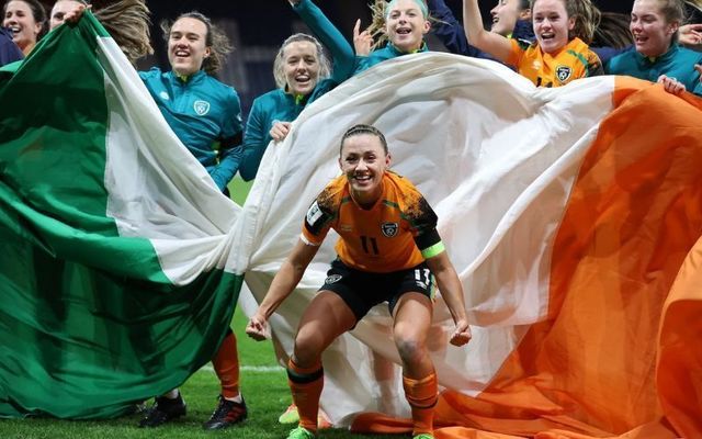 October 11, 2022: Katie McCabe of the Republic of Ireland celebrates with teammates after their side qualifies for the 2023 FIFA Women\'s World Cup after victory during the 2023 FIFA Women\'s World Cup play-off round 2 match between Scotland and Republic of Ireland at Hampden Park in Glasgow, Scotland 