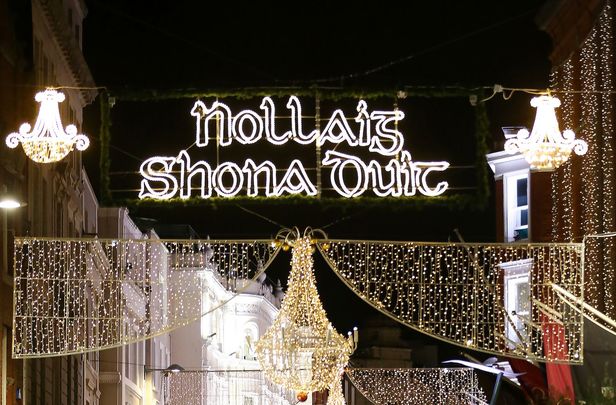 \"Nollaig Shona\": Merry Christmas spelled out in lights on Grafton Street, in Dublin. 