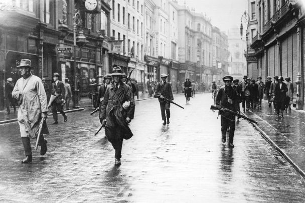 Armed anti-Treaty members of the Irish Republican Army (IRA) in Grafton Street, Dublin during the Irish Civil War. 