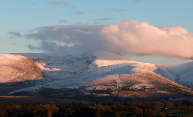 Snow and frost covered Glen of Imaal, overlooking \"The Lug\" (Luganquilla) in County Wicklow.