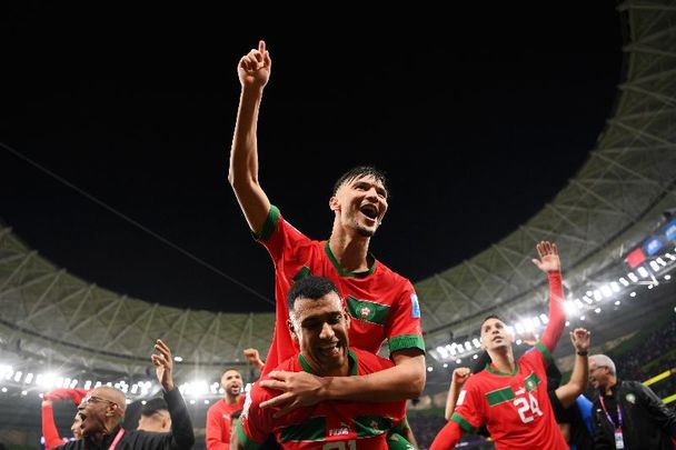 December 10, 2022: Achraf Dari and Walid Cheddira of Morocco celebrate after the 1-0 win during the FIFA World Cup Qatar 2022 quarter-final match between Morocco and Portugal at Al Thumama Stadium in Doha, Qatar.