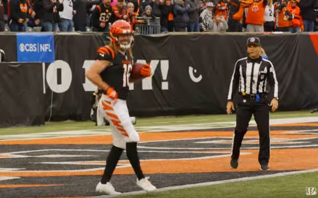 Trenton Irwin celebrates a touchdown with an Irish jig.