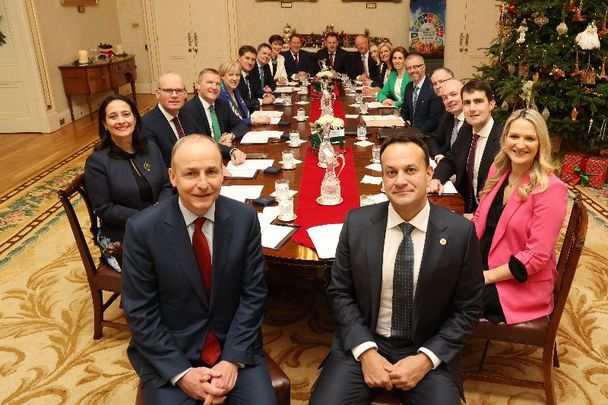 December 17, 2022: Taoiseach Leo Varadkar and Tánaiste Micheál Martin pictured with the newly appointed cabinet after ministers received their seals of office in Áras an Uachtaráin.