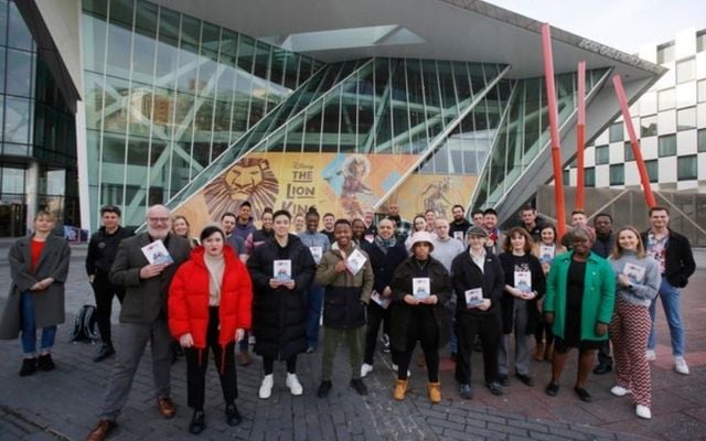  Staff from Irish Network Against Racism come together with cast and crew from Disney\'s The Lion King and Stephen Faloon, Manager at Bord Gáis Energy Theatre to show their support for INAR\'s Love Not Hate campaign.