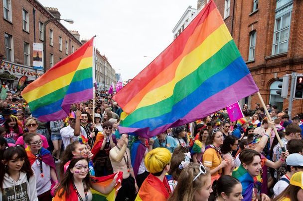 June 26, 2019: The Dublin Pride Parade arrives at Westland Row on its way to Merrion Park in Dublin CIty Centre.