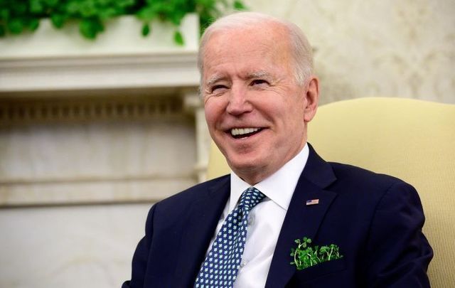 March 17, 2021: US President Joe Biden speaks during a virtual meeting with Taoiseach Micheal Martin in the Oval Office of the White House in Washington, DC on St. Patrick\'s Day.