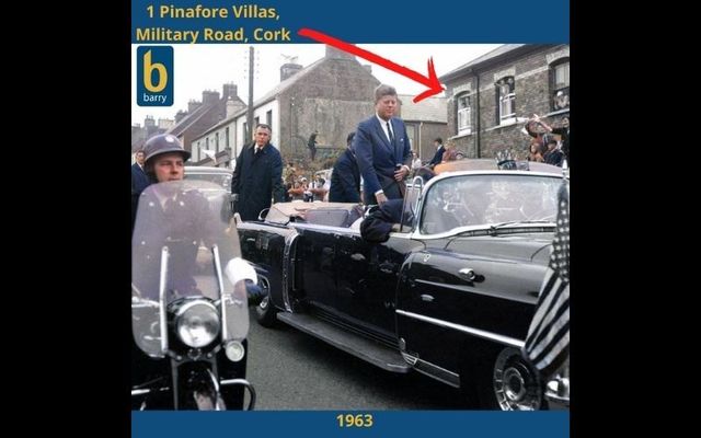 JFK\'s motorcade passes 1 Pinafore Villas (noted with a red arrow) in Cork City in 1963. The property is now for sale via Barry Auctioneers and Valuers.