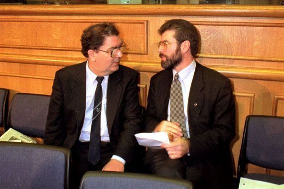 SDLP John Hume and Sinn Féin President Gerry Adams meet during peace talks in the 1990s. 