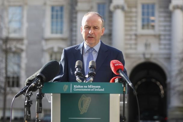 February 24, 2022: Taoiseach Micheal Martin in the courtyard of Government Buildings in Dublin briefing media on the European Security Situation following Russia\'s invasion of Ukraine.