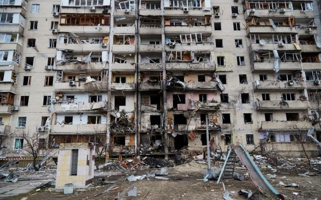 A residential building damaged by a missile on February 25, 2022 in Kyiv, Ukraine.