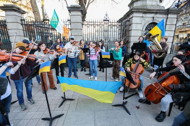 Students from the Royal Irish Academy of Music playing music in solidarity with Ukraine outside Leinster House, Irish government buildings.