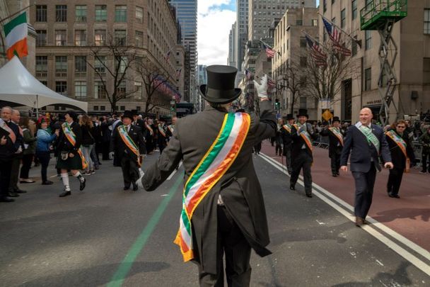 March 16, 2019: The 2019 Grand Marshal Dr. Brian J. O\'Dwyer marches in the annual St. Patrick\'s Day parade in New York City. The New York City St. Patrick\'s Day parade, dating back to 1762, is the world\'s largest St. Patrick\'s Day celebration