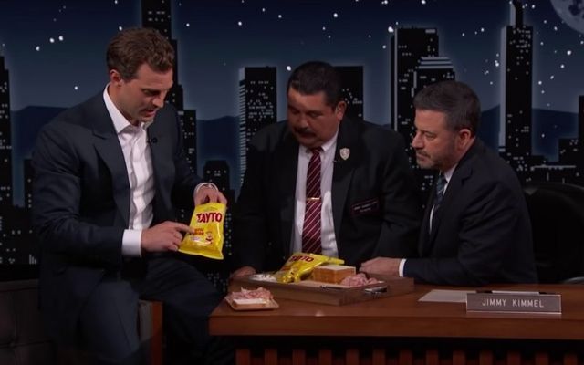 Jamie Dornan demonstrates how to make a \"Tayto smashie\". 