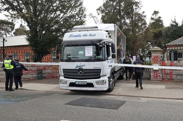 March 7, 2022: Gardai at the scene after a truck was reversed through the gates of the Russian Embassy in Dublin