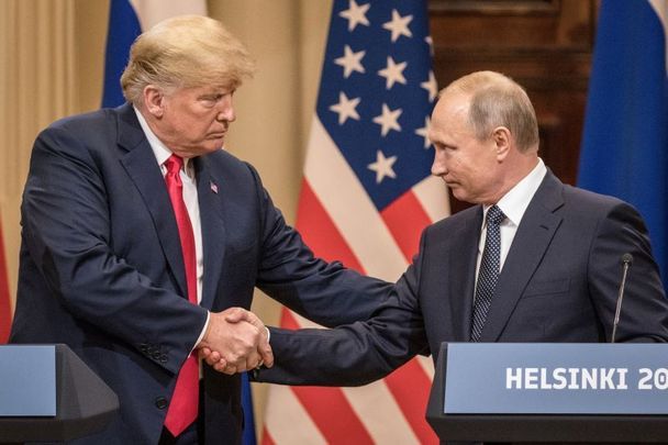 July 16, 2018:  U.S. President Donald Trump and Russian President Vladimir Putin shake hands during a joint press conference after their summit in Helsinki, Finland. The two leaders met one-on-one and discussed a range of issues including the 2016 U.S Election collusion
