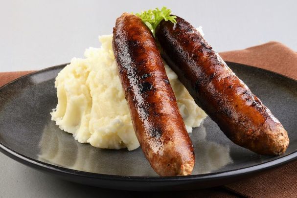 Sausage with caramelized onions and wholegrain mustard mash.