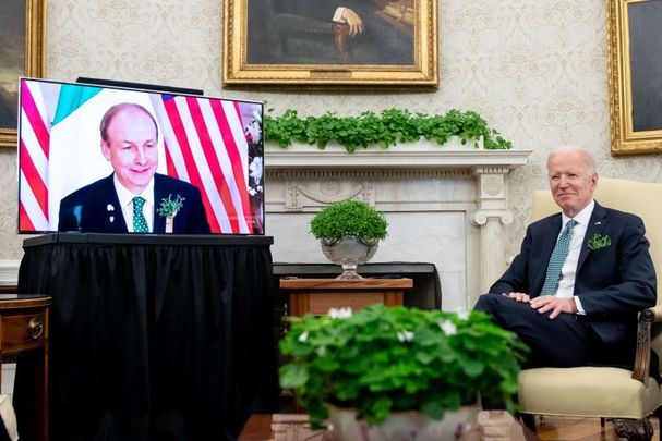 March 17, 2021: US President Joe Biden speaks during a virtual meeting with Taoiseach Micheál Martin in the Oval Office of the White House in Washington, DC. 