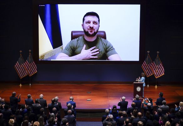 March 16, 2022: Ukrainian President Volodymyr Zelenskyy delivers a virtual address to Congress at the U.S. Capitol in Washington, DC. Zelenskyy addressed Congress as Ukraine continues to defend itself from an ongoing Russian invasion.