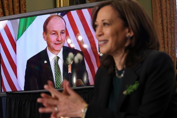 March 17, 2021: US Vice President Kamala Harris participates in a virtual bilateral meeting with Taoiseach Micheál Martin in the Vice President’s Ceremonial Office at Eisenhower Executive Office Building of the White House in Washington, DC.
