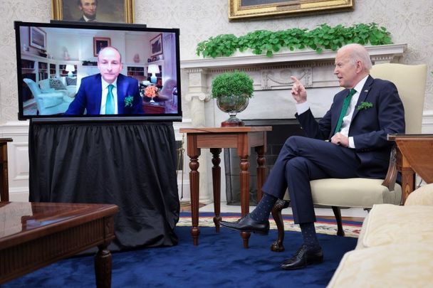 March 17, 2022:  US President Joe Biden meets virtually with Taoiseach Micheál Martin in the Oval Office of the White House in Washington, DC. St. Patrick\'s Day events with Taoiseach Martin are being held virtually after it was announced last night that he had tested positive for COVID-19.