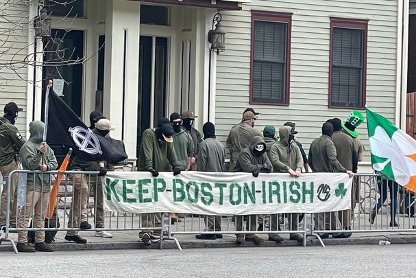 A picture of the neo-Nazi group with its \"Keep Boston Irish\" banner at the South Boston St. Patrick\'s Day Parade on March 20, 2022.