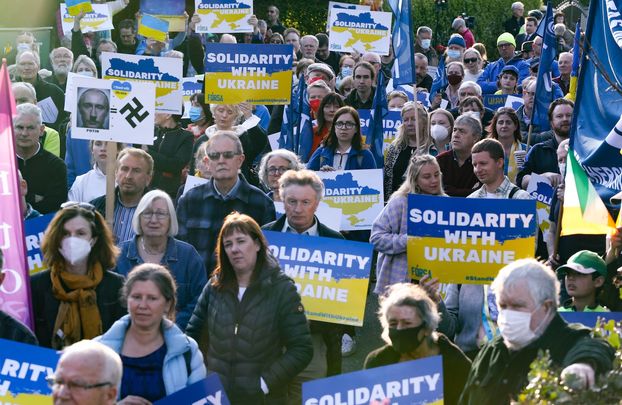 \"Stand with Ukraine\": A protest against Russia\'s invasion of Ukraine in Ireland.